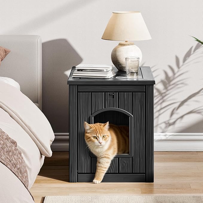 NUNU LAB Cat House for Indoor & Outdoor, Durable PP Plastic Cat Shelter with Easy Assembly & Cleaning, Cozy All-Season Pet House for Cats, Kittens & Small Pets (Black, Large)