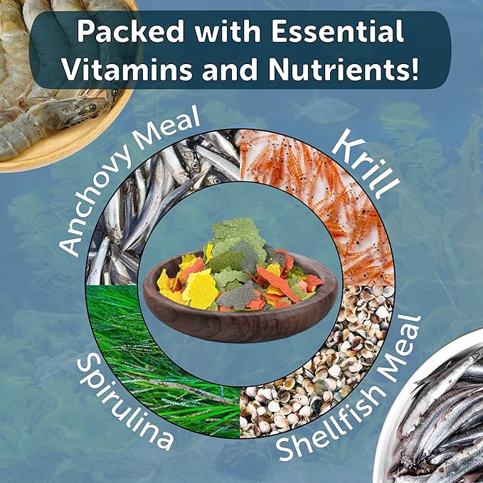 Aquatic Foods Inc. Premium Marine Fish Flakes with Algae, Seaweed and Nori for Clown Fish, Tangs, Butterflies, Angel Fish, 4-Type Wafer Mix & 12-Type Pellet Mix Included 1.30oz Canister
