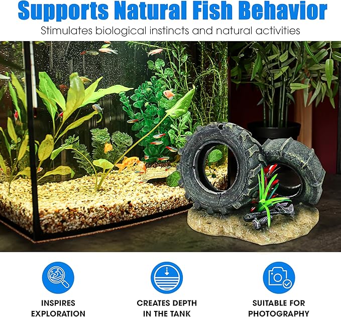 Aquarium Resin Decorations, Tree House Ornament-Tire Scene, Aquarium Decor for Glofish, Betta Accessories, Turtle Hideouts, Aquarium Plants, Ornaments & Fish Tank Accessories (Tire landscape)