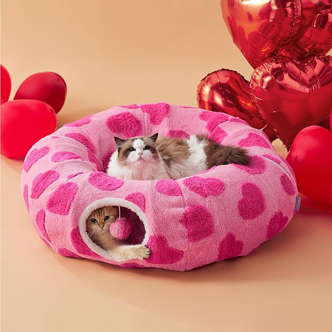 Lesure Cat Tunnel Bed for Indoor Cats - Cute Cat Donut Tunnel Toys with Washable Circle Cushion, Round Pet Peekaboo Cave Toy for Kitten/Puppy/Rabbit, Standard Pink Hearts