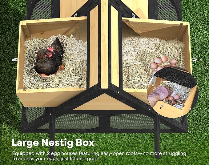 Chicken Coop for 4-8 Chickens, A-Frame Wooden Chicken Run, 95'' Outdoor Poultry Cage w/ 2 Nesting Box, Hen House w/Ventilating Wire, Waterproof Asphalt Roof, Yellow and Black