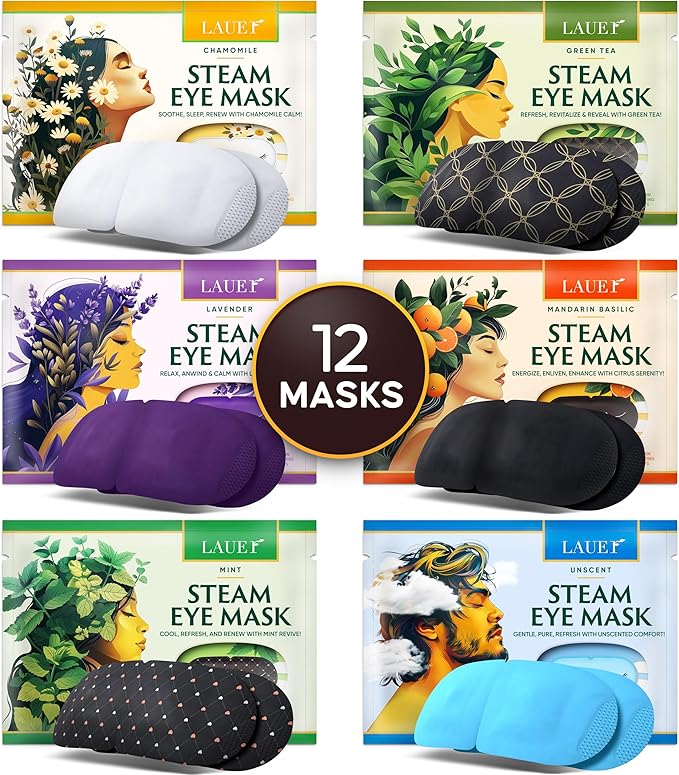 Heated Eye Steam Mask Dry Eyes Self Warm Compress Dark Circles Puffiness Set of Scent (Lavender, Chamomile, Green Tea, Mint, Mandarin Basilic, Unscented) Pack of Masks for Women