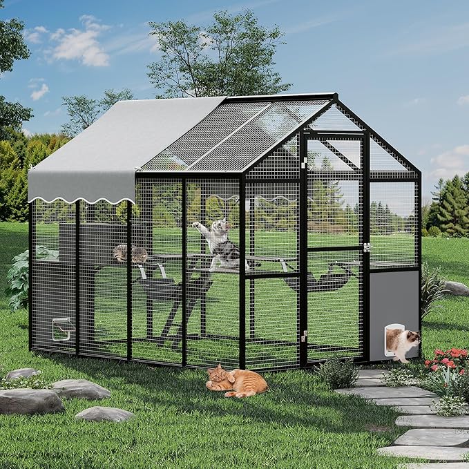 Aluminum Extra Large Outdoor Catio Enclosure for Multiple Cats with Upgrade Window – Walk-in Cat Run with Channels, Side Door, UV-Proof Cover & Platform