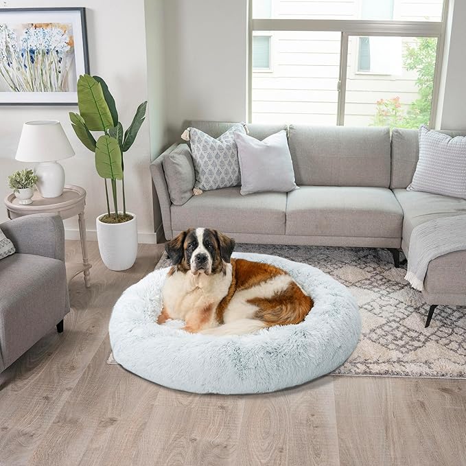 Best Friends by Sheri The Original Calming Donut Dog Bed – Washable Plush Pet Bed for XL Breeds up to 150 lbs, Shag Faux Fur, Frost Gray, XL (45" x 45")