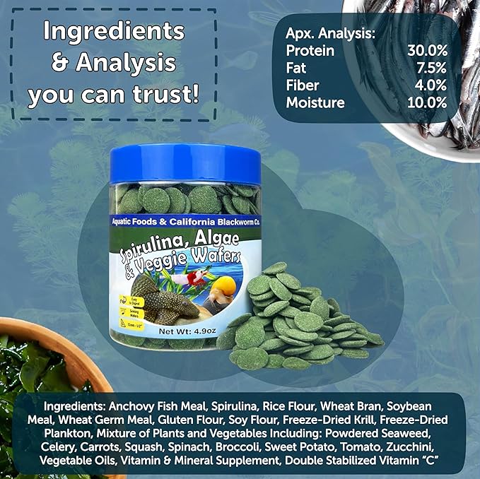Aquatic Foods Inc. 12mm - 1/2" Small Sinking Wafers of Spirulina, Algae & Veggies for Plecos, Catfish, Shrimp, Snails, Crayfish, 12-Type Pellet Mix & 4-Type Wafer Mix Included 9.85oz Canister