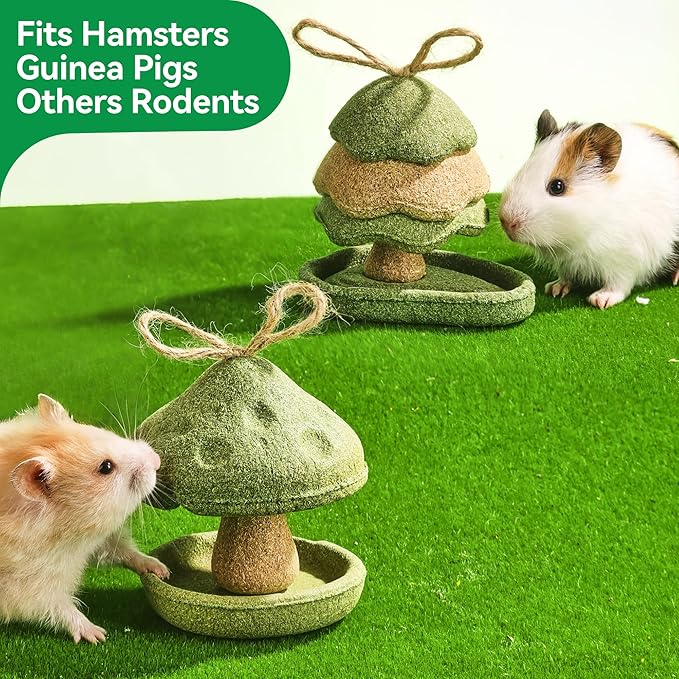 Guinea Pig Chew Toys, Prevent Teeth Overgrowth - 11oz Hamster Toys, Natural Vegetables & Timothy Grass, Cute Mushroom & Tree Shaped Habitat Decoration, Small Animal Chew Toys
