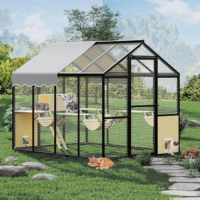Aluminum Extra Large Outdoor Catio Enclosure for Multiple Cats – Walk-in Cat Run with Channels, Side Door, UV-Proof Cover & Platform