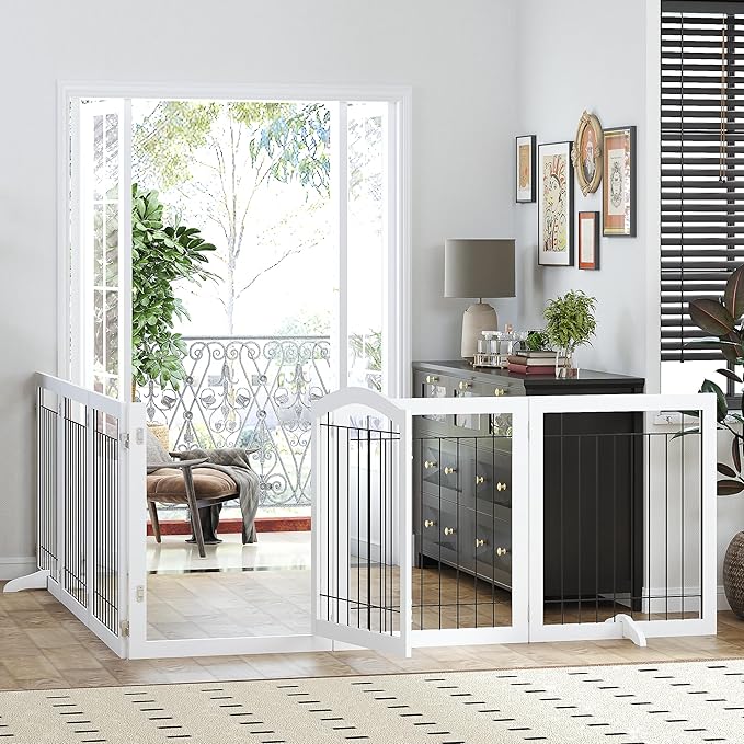 PAWLAND 144-inch Extra Wide 30-inches Tall Dog gate with Door Walk Through, Freestanding Wire Pet Gate for The House, Doorway, Stairs, Pet Puppy Safety Fence, Support Feet Included, White,6 Panels