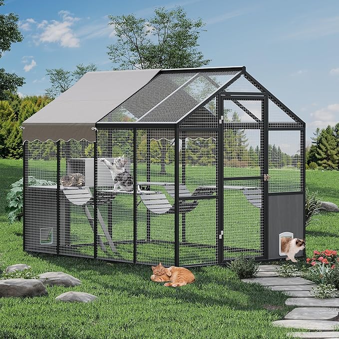 Aluminum Extra Large Outdoor Catio Enclosure for Multiple Cats – Walk-in Cat Run with Channels, Side Door, UV-Proof Cover & Platform
