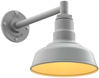 Steel Lighting Co. | Dusk to Dawn | Hawthorne Barn Light | Outdoor Wall Mounted | 8 in Dome | 11 inch Straight Arm| Small Farmhouse Light Made in America | Modern Gray/Brass