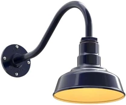 Steel Lighting Co. | Dusk to Dawn | Hawthorne Barn Light | Outdoor Wall Mounted | 8 in Dome | 16 inch Gooseneck| Small Farmhouse Light Made in America | Navy Blue/Brass