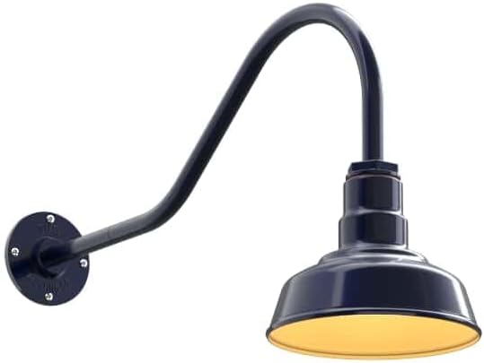 Steel Lighting Co. | Dusk to Dawn | Hawthorne Barn Light | Outdoor Wall Mounted | 8 in Dome | 23 inch Gooseneck| Small Farmhouse Light Made in America | Navy Blue/Brass