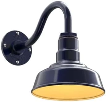 Steel Lighting Co. | Dusk to Dawn | Hawthorne Barn Light | Outdoor Wall Mounted | 8 in Dome | 11 inch Gooseneck| Small Farmhouse Light Made in America | Navy Blue/Brass