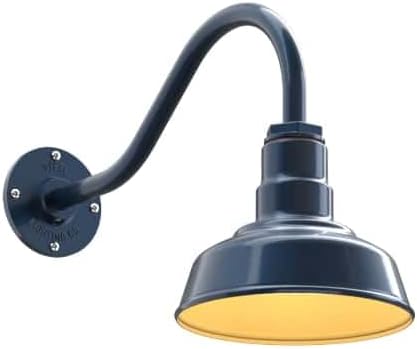 Steel Lighting Co. | Dusk to Dawn | Hawthorne Barn Light | Outdoor Wall Mounted | 8 in Dome | 16 inch Gooseneck| Small Farmhouse Light Made in America | Gray Blue/Brass