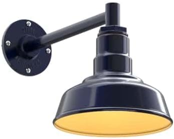 Steel Lighting Co. | Dusk to Dawn | Hawthorne Barn Light | Outdoor Wall Mounted | 8 in Dome | 11 inch Straight Arm| Small Farmhouse Light Made in America | Navy Blue/Brass