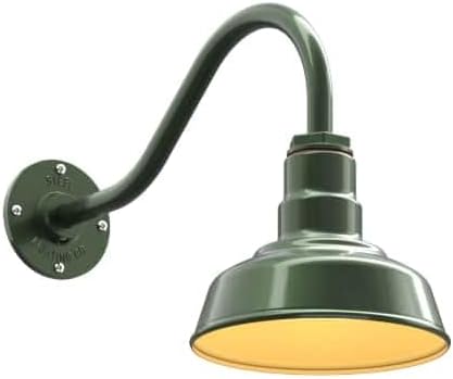Steel Lighting Co. | Dusk to Dawn | Hawthorne Barn Light | Outdoor Wall Mounted | 8 in Dome | 16 inch Gooseneck| Small Farmhouse Light Made in America | Hunter Green/Brass