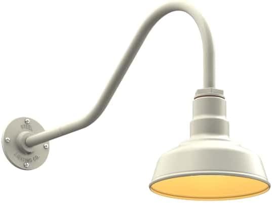 Steel Lighting Co. | Dusk to Dawn | Hawthorne Barn Light | Outdoor Wall Mounted | 8 in Dome | 23 inch Gooseneck| Small Farmhouse Light Made in America | Cream/Brass