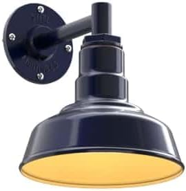 Steel Lighting Co. | Dusk to Dawn | Hawthorne Barn Light | Outdoor Wall Mounted | 8 in Dome | 6 in Straight Arm| Small Farmhouse Light Made in America | Navy Blue/Brass