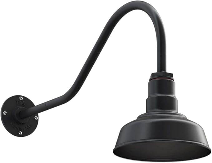 Steel Lighting Co. | Dusk to Dawn | Hawthorne Barn Light | Outdoor Wall Mounted | 8 in Dome | 23 inch Gooseneck| Small Farmhouse Light Made in America | Matte Black Exterior/Matte Black Interior