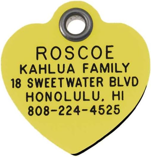 LuckyPet Durable Plastic Pet ID Tag, Outlasts Cheap Aluminum Tags for The Same Price, Custom Engraved, Large Yellow Heart