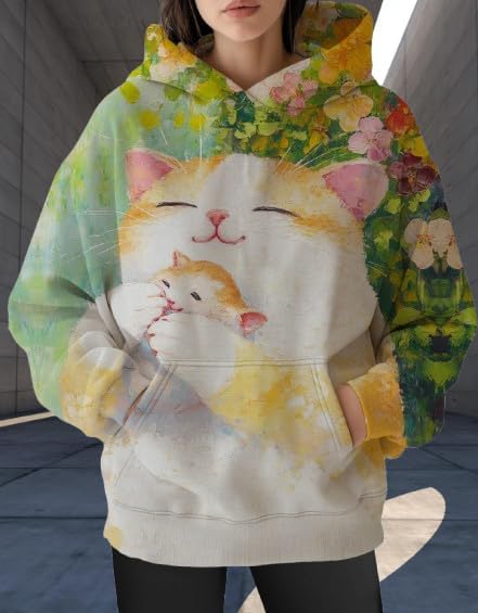 Womens Funny Cat Hoodies Oversized Graphic Hooded Sweatshirt for Women Fall Plus Size Pullover Hoodie Y2K