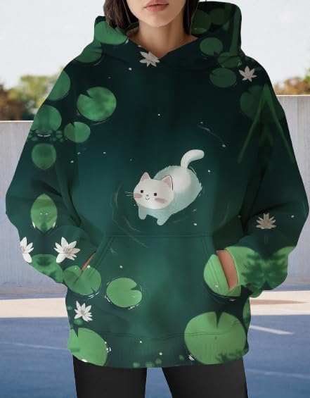 Womens Funny Cat Hoodies Oversized Graphic Hooded Sweatshirt for Women Fall Plus Size Pullover Hoodie Y2K