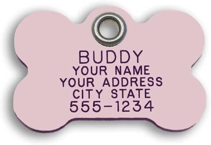 LuckyPet Durable Plastic Pet ID Tag, Outlasts Cheap Aluminum Tags for The Same Price, Custom Engraved, Medium Pink Bone