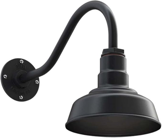 Steel Lighting Co. | Dusk to Dawn | Hawthorne Barn Light | Outdoor Wall Mounted | 8 in Dome | 16 inch Gooseneck| Small Farmhouse Light Made in America | Matte Black Exterior/Matte Black Interior