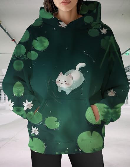Womens Funny Cat Hoodies Oversized Graphic Hooded Sweatshirt for Women Fall Plus Size Pullover Hoodie Y2K