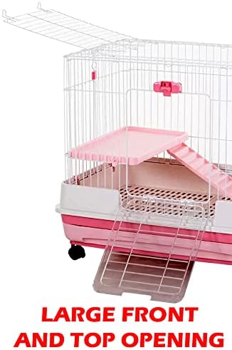 Pink X-Large Deluxe in/Outdoor Guinea Pig Chinchilla Ferret Squirrel Hedgehog Kitten Rabbit Bunny Hutch House Critter Home Habitat Paw Safe Bottom Mesh Floor Pull Out Easy Clean 2-Inch Deep Tray