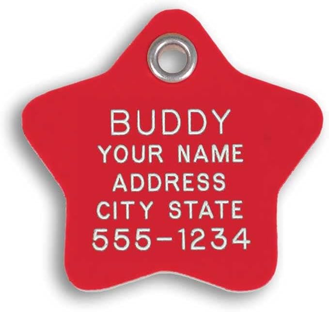 LuckyPet Plastic Pet ID Tags - Dog Personalized IDs - Durable Engraved Name Noiseless Tag - Suitable for Dogs and Cats - Outlasts Most Aluminum Tags - Large, Red Star