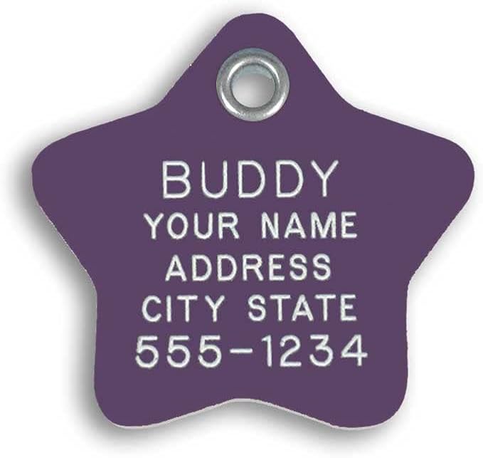 LuckyPet Plastic Pet ID Tags - Dog Personalized IDs - Durable Engraved Name Noiseless Tag - Suitable for Dogs and Cats - Outlasts Most Aluminum Tags - Large, Purple Star