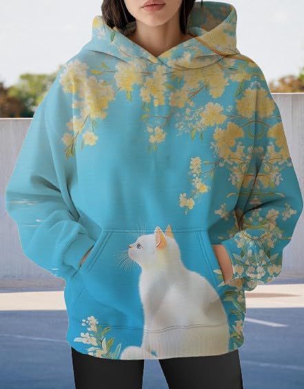 Womens Funny Cat Hoodies Oversized Graphic Hooded Sweatshirt for Women Fall Plus Size Pullover Hoodie Y2K