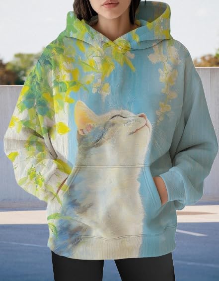 Womens Funny Cat Hoodies Oversized Graphic Hooded Sweatshirt for Women Fall Plus Size Pullover Hoodie Y2K