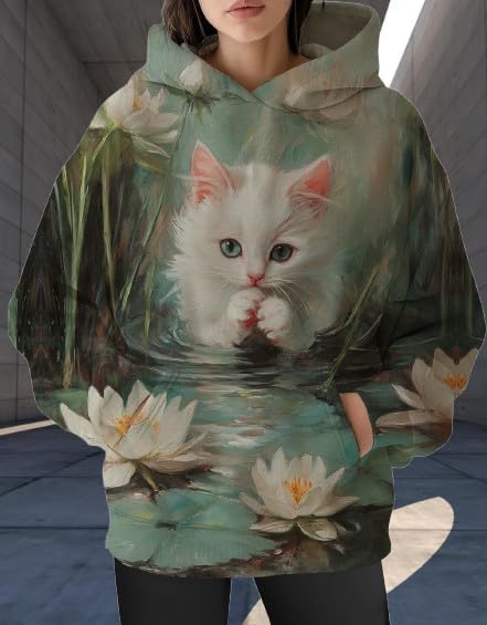 Womens Funny Cat Hoodies Oversized Graphic Hooded Sweatshirt for Women Fall Plus Size Pullover Hoodie Y2K