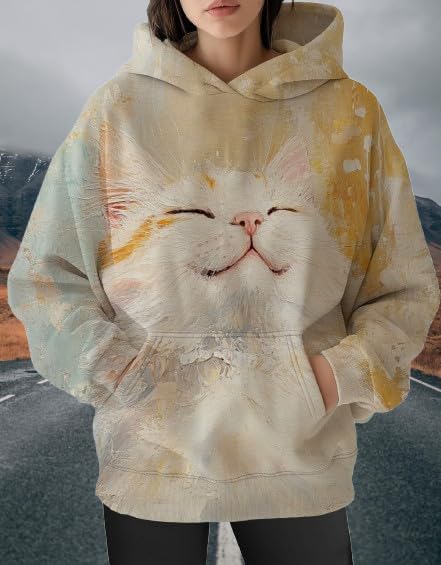 Womens Funny Cat Hoodies Oversized Graphic Hooded Sweatshirt for Women Fall Plus Size Pullover Hoodie Y2K