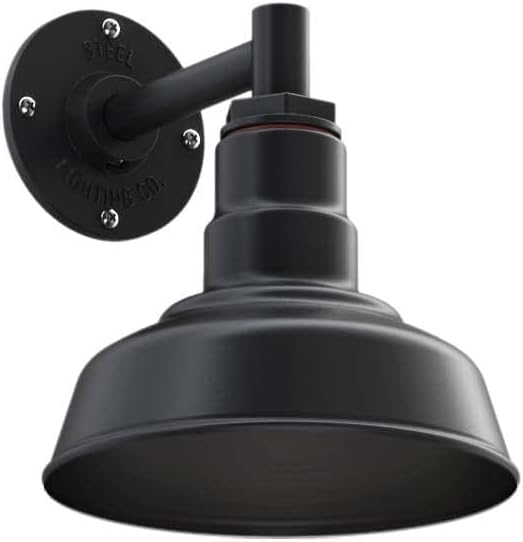 Steel Lighting Co. | Dusk to Dawn | Hawthorne Barn Light | Outdoor Wall Mounted | 8 in Dome | 6 inch Straight Arm| Small Farmhouse Light Made in America | Matte Black Exterior/Matte Black Interior