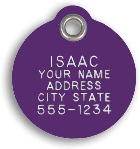 LuckyPet Plastic Pet ID Tags - Dog Personalized IDs - Durable Engraved Name Noiseless Tag - Suitable for Dogs and Cats - Outlasts Most Aluminum Tags - Small, Purple Round