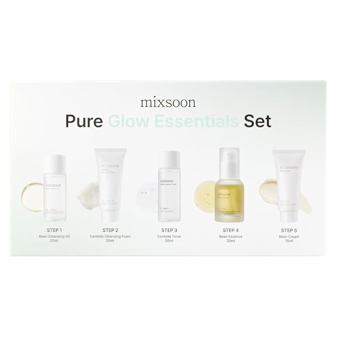 mixsoon Pure Glow Essentials Set - 5-Step Skincare Kit - Travel kit, Travel size kit, Hydrating Skincare Gift Set (15ml*1+20ml*3+30ml*1) Korean Glass Skin Care