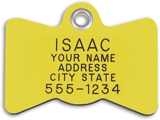 LuckyPet Plastic Pet ID Tags - Dog Personalized IDs - Durable Engraved Name Noiseless Tag - Suitable for Dogs and Cats - Outlasts Most Aluminum Tags - Small, Yellow Bowtie