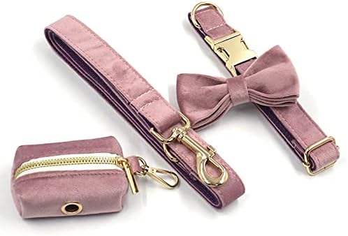 PETDURO Personalized Dog Collar Pink Purple Soft Velvet for Large Medium Small Boy Girl Dogs - Custom Collar with Name Phone Number Engraved on Gold Metal Buckle - Add Leash Bow Set via Customize Now