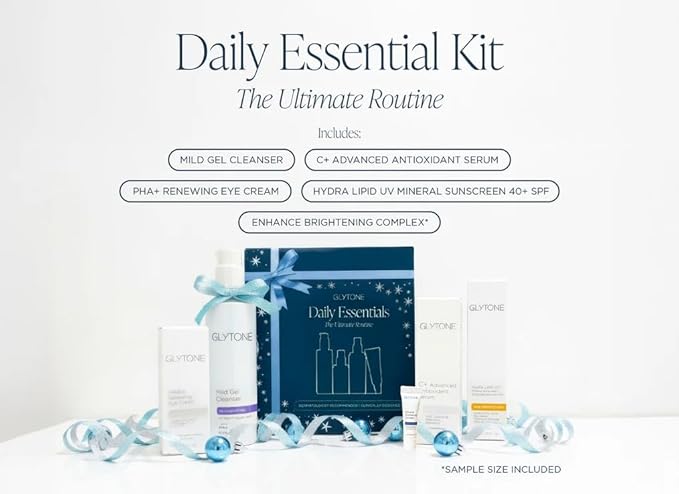 Glytone Daily Essential Kit - Skincare Set Features Cleanser, C Serum, Eye Cream & Sunscreen SPF 40+ - Daily Skin Care Kit to Cleanse, Bright, Hydrate & Protect - 5-Pieces Complete Routine
