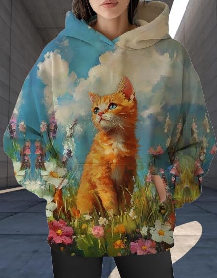 Womens Funny Cat Hoodies Oversized Graphic Hooded Sweatshirt for Women Fall Plus Size Pullover Hoodie Y2K
