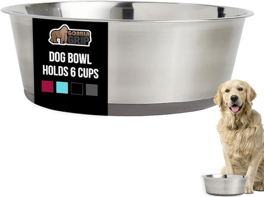 GORILLA GRIP Set of 2 Dog Bowls, Holds 6 Cups (48 fl oz), Heavy Duty Metal Food and Water Bowl for Feeding Dogs and Cats, Dishwasher Safe, Rust Resistant Stainless Steel, BPA Free Rubber Base, Gray