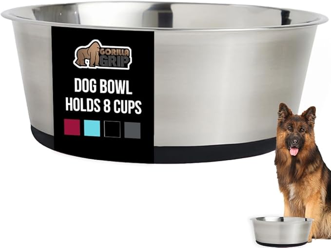 GORILLA GRIP Set of 2 Dog Bowls, Holds 8 Cups (64 fl oz), Heavy Duty Metal Food and Water Bowl for Feeding Dogs and Cats, Dishwasher Safe, Rust Resistant Stainless Steel, BPA Free Rubber Base, Black