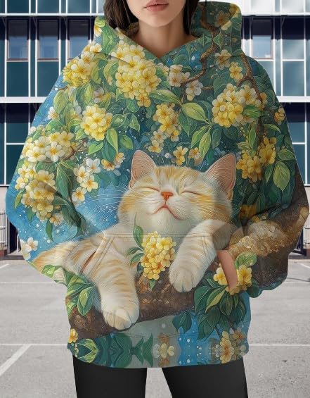 Womens Funny Cat Hoodies Oversized Graphic Hooded Sweatshirt for Women Fall Plus Size Pullover Hoodie Y2K