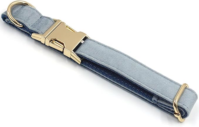 PETDURO Personalized Dog Collar Haze Blue Soft Velvet for Large Medium Small Boy Girl Dogs - Custom Collar with Name Phone Number Engraved on Gold Metal Buckle - Add Leash Bow Set via Customize Now