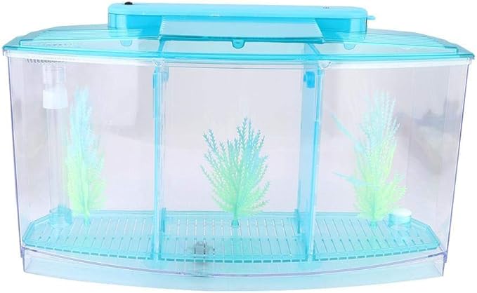 Fish , Desktop Transparent Breeding Fish , Mini Acrylic for Small Fishes with LED Light with Water Change Valve for Betta(Blue)