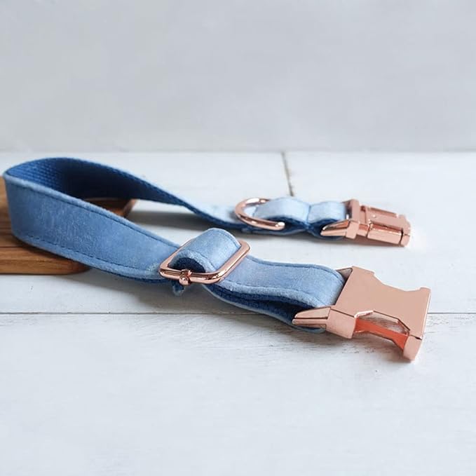 PETDURO Personalized Dog Collar Dusty Blue Soft Velvet for Large Medium Small Boy Girl Dogs - Custom Collar with Name Phone Engraved on Rose Gold Metal Buckle - Add Leash Bow Set via Customize Now