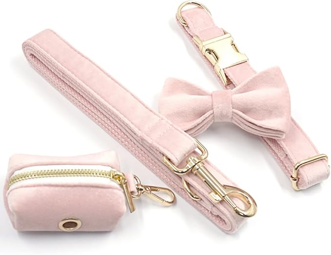 PETDURO Custom Dog Collar Personalized with Name Engraved Quick Release Rose Gold Metal Buckle for Large Medium Small Girl Dogs - Dog Leash and Bow Tie Available - Soft Comfy Velvet (Pink, XS)